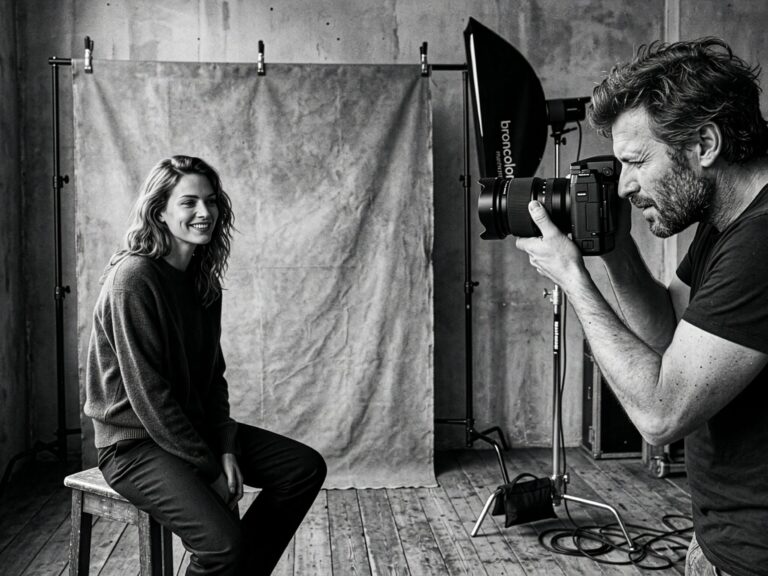 Photographer taking a portrait photo of a smiling woman seated on a stool in a studio