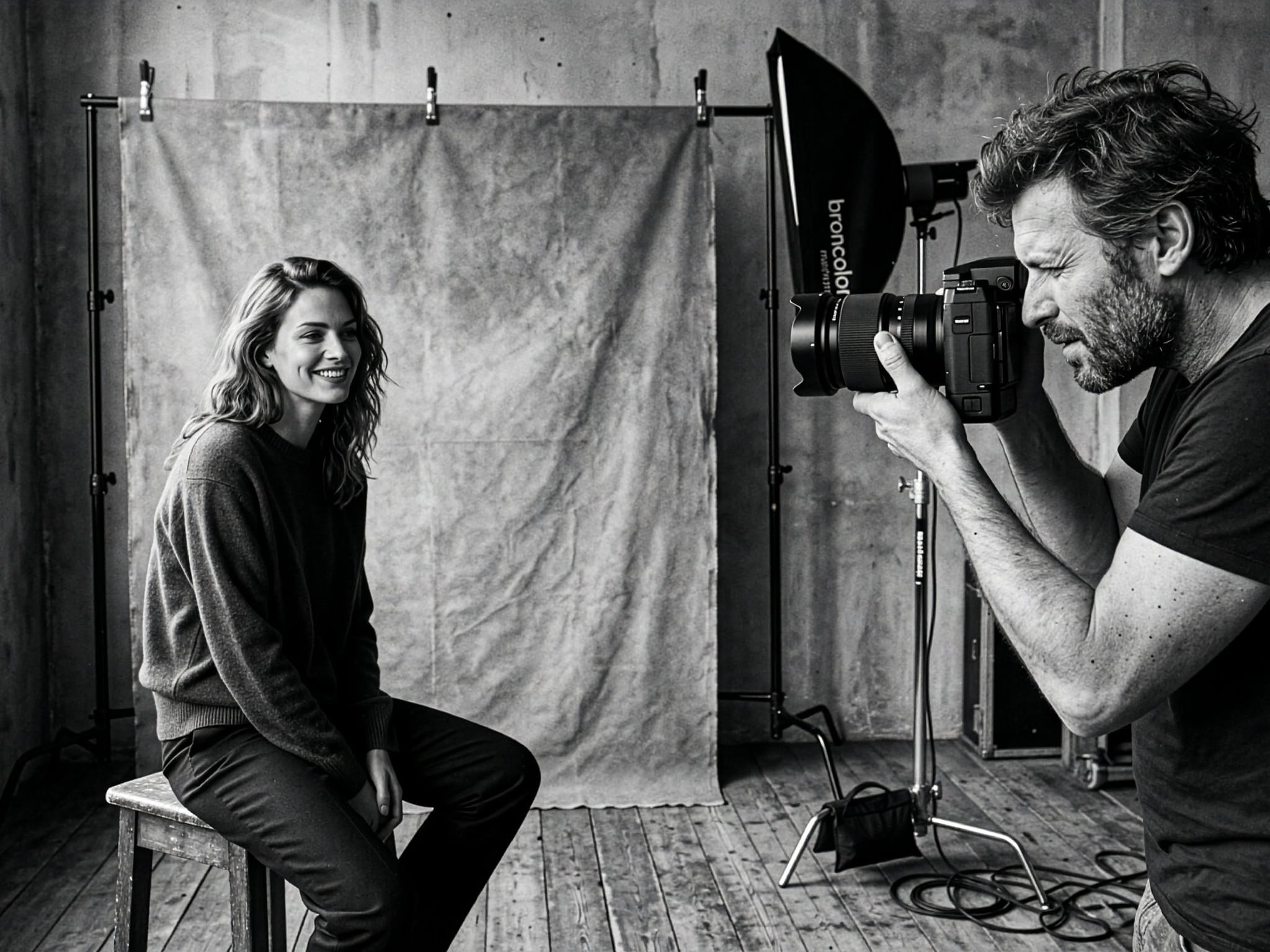 Photographer taking a portrait photo of a smiling woman seated on a stool in a studio